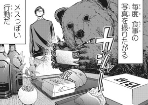 Manga panel from くまぐらし showing example of Wanting to photograph means with 〜たがる.